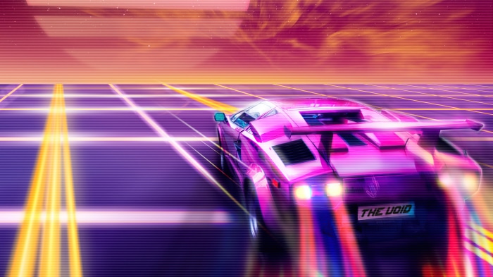 Pink sports car on a neon grid road