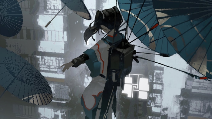 Artwork of a girl with umbrellas in a city