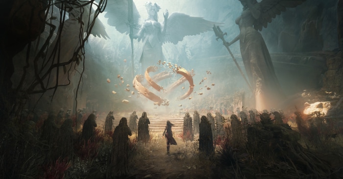 Figures in a cave with angelic statues and a swirling object