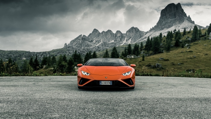 Orange Lamborghini Huracan Evo Spyder in mountains