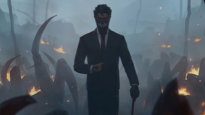 Man in suit with mask and cane in a desolate landscape