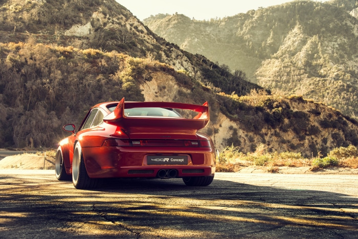 Red Porsche 400R Concept car on a mountain road