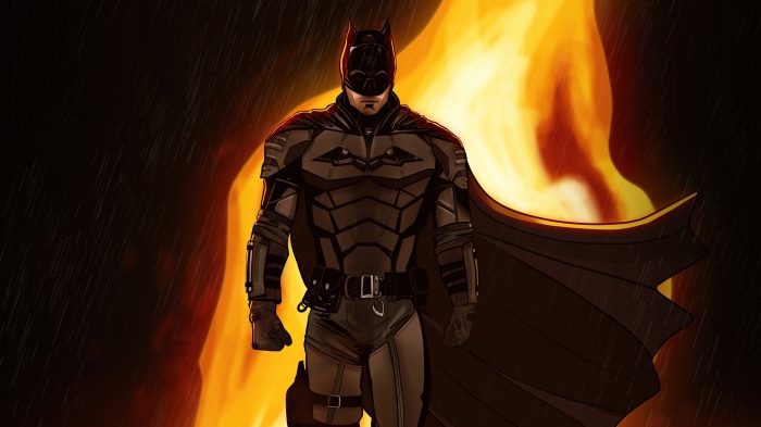 Batman in front of fire and rain