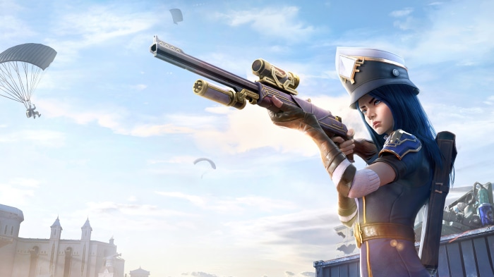PUBG character aiming a sniper rifle with parachutes in the sky