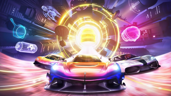 Three sports cars racing through a futuristic city with holographic objects