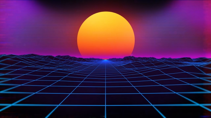 Cyberpunk digital art with grid landscape and sunset