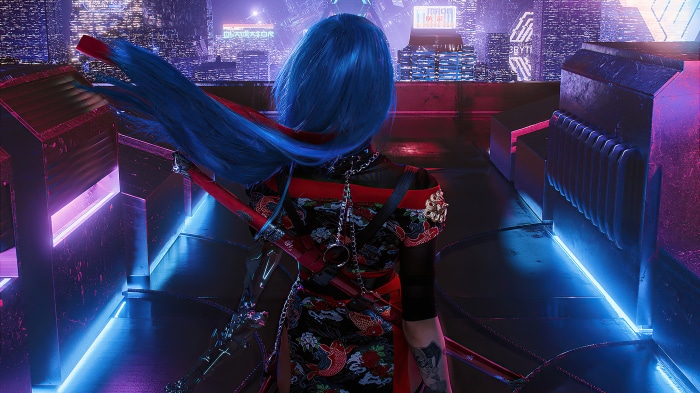 Cyberpunk woman with blue hair and sword