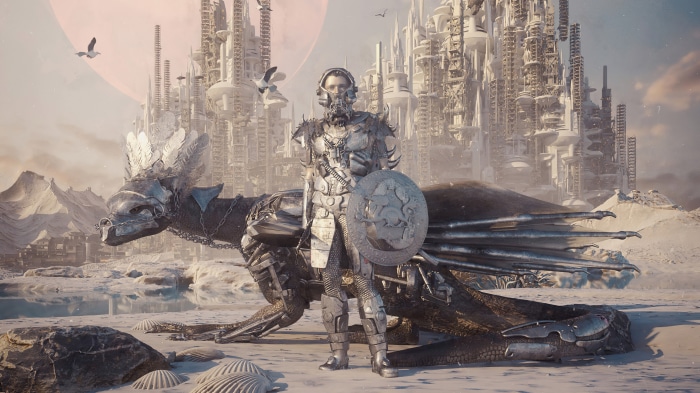 Sci-fi warrior with dragon and futuristic city