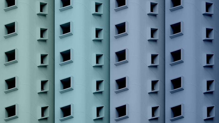 Minimalist building facade with square windows