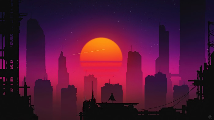 Retrowave cityscape with a lone figure at sunset