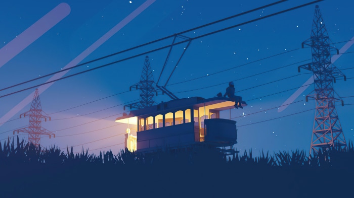 Digital art of a tram at night