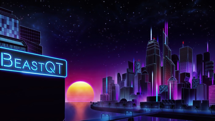 Retrowave cityscape with neon sign