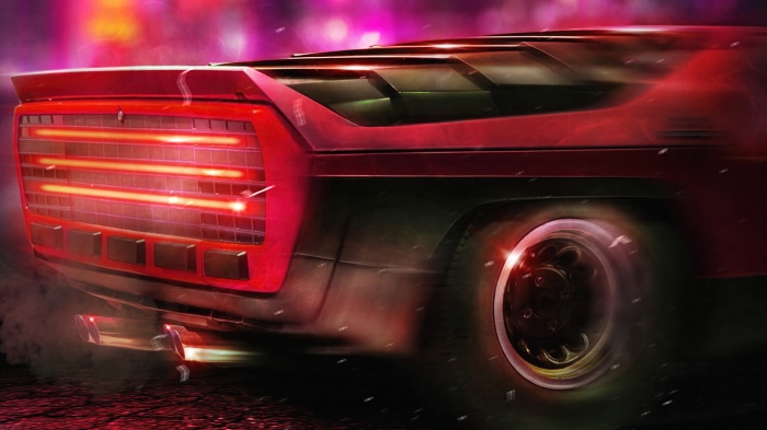Red retro car with glowing taillights and exhaust