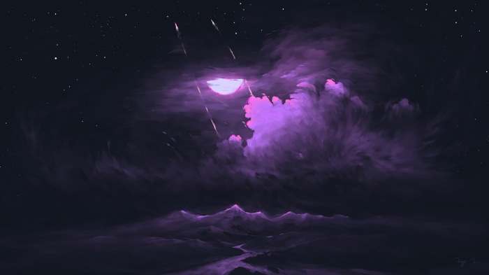 Digital art of a purple nebula over mountains