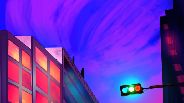 Digital art with buildings and traffic light