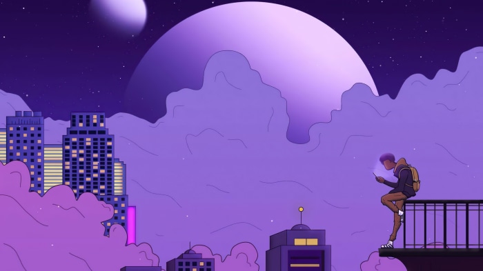 Digital art of a person on a rooftop at night