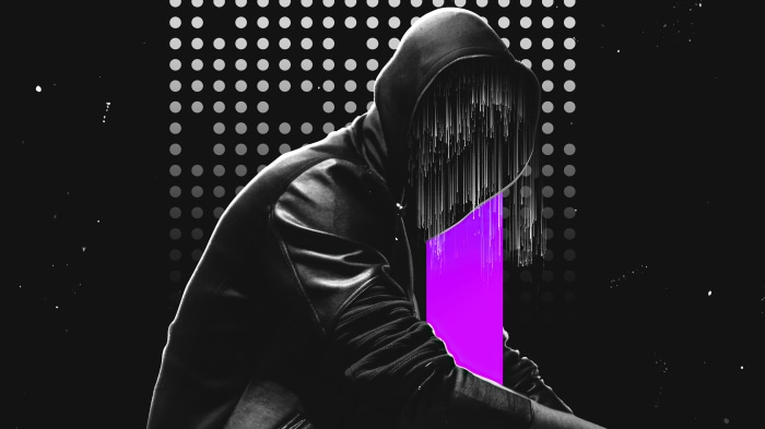 Digital art of a hooded figure with glitch effect