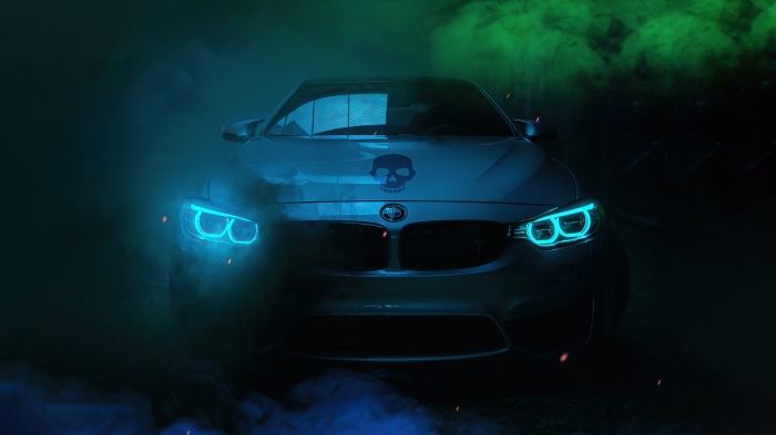BMW car with skull decal and neon lights