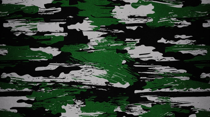 Abstract camouflage pattern with green, black, and white brush strokes