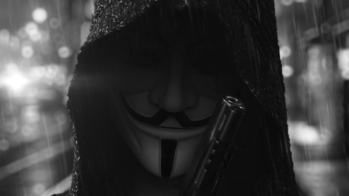 Anonymous figure with gun in rain
