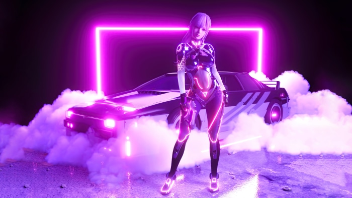Cyberpunk woman in neon outfit with car and smoke