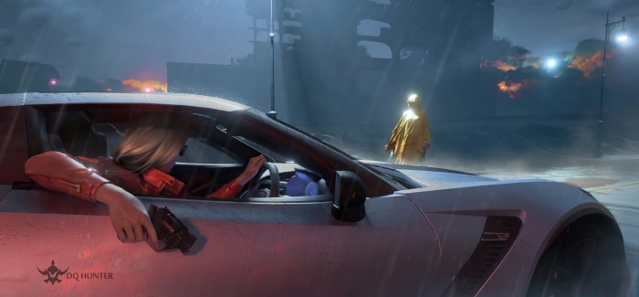 Woman with gun in car during rain