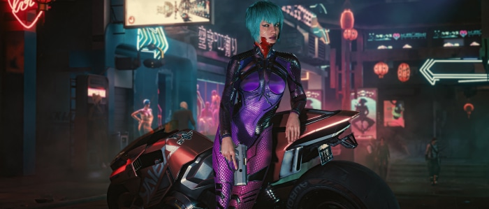 Woman with blue hair and gun from Cyberpunk 2077