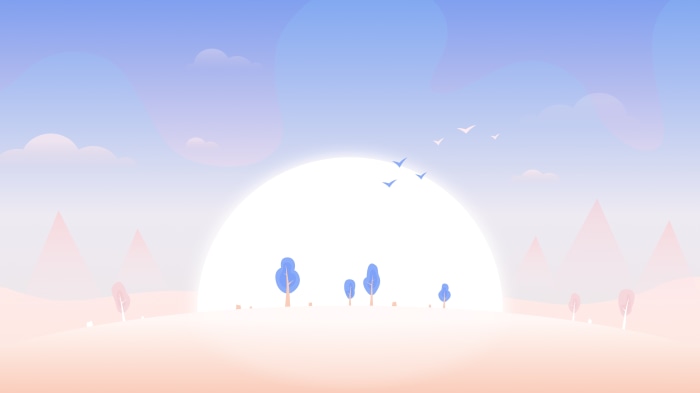 Minimalist landscape with a large sun and birds