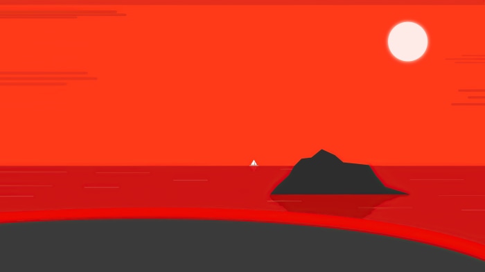 Minimalist seascape with a sailboat and island at sunset