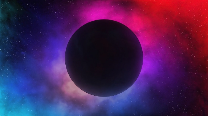 Digital universe with a dark planet and colorful nebula