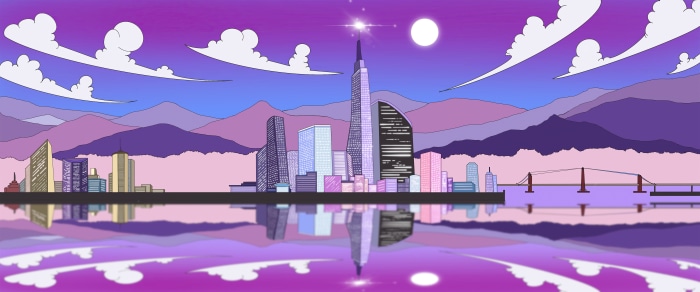 Cityscape with Mountains and Bridge at Sunset