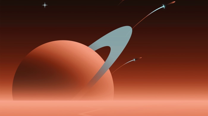 Digital Art Planet with Rings and Spaceships