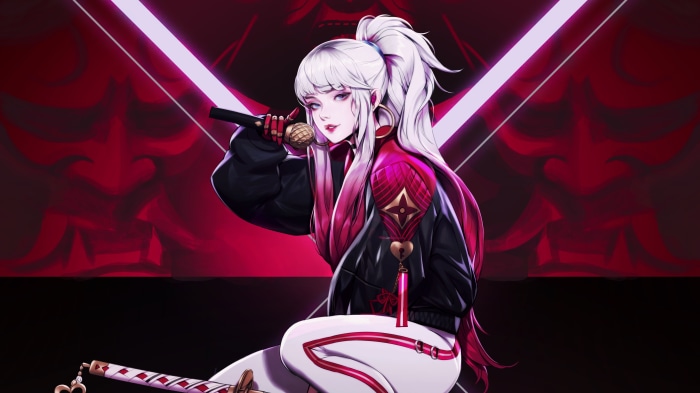 Anime girl with white hair holding a microphone and a sword
