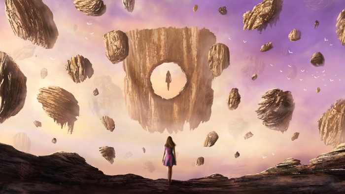 Girl in a dress looking at floating islands