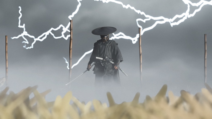 Samurai in a conical hat with swords during a lightning storm