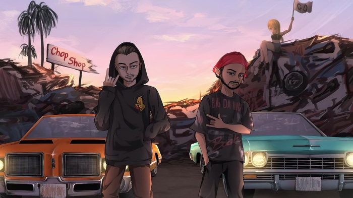 Two men and a woman at a chop shop