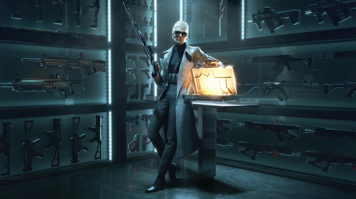 Rogue Company character with guns and briefcase