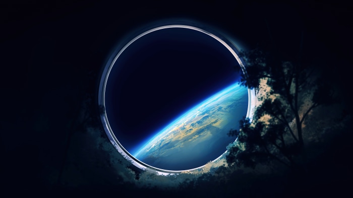Earth viewed through a circular portal, digital art 4K