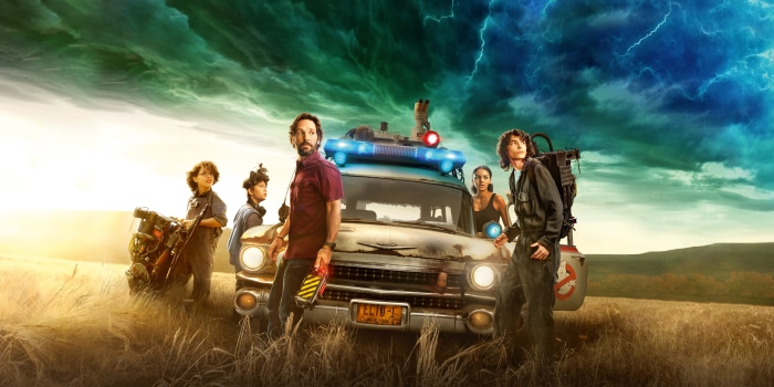 Ghostbusters: Afterlife cast with Ecto-1