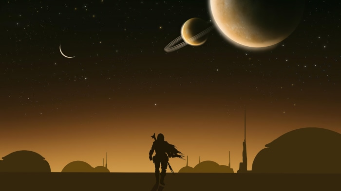 Mandalorian from Star Wars on a desert planet