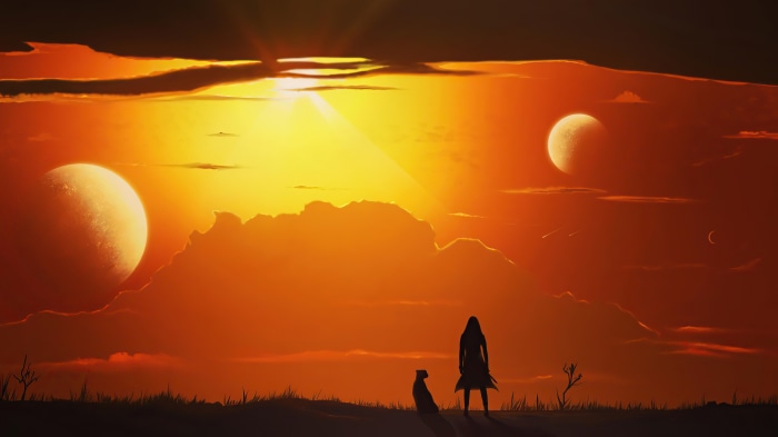 Digital art of a person and dog at sunset with moons