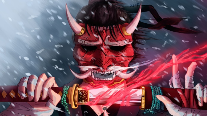 Samurai with red demon mask holding a glowing sword