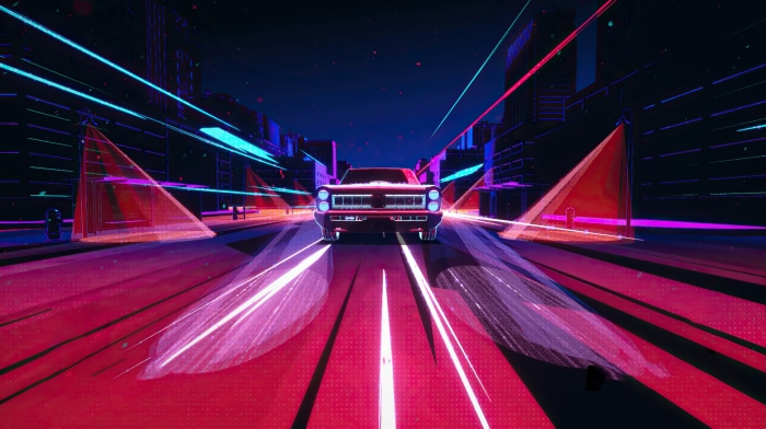 Retrowave car driving through neon city