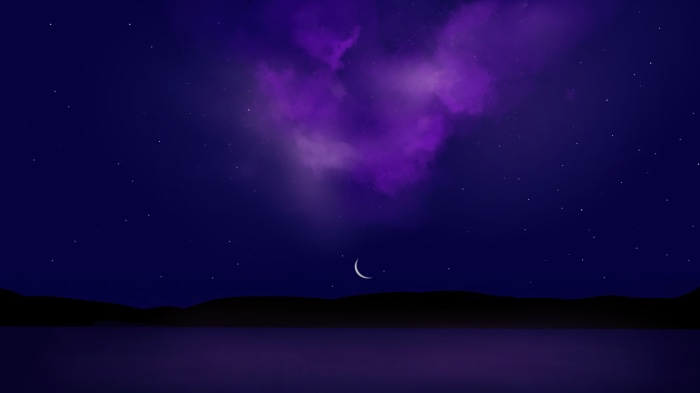 Purple nebula and crescent moon in night sky