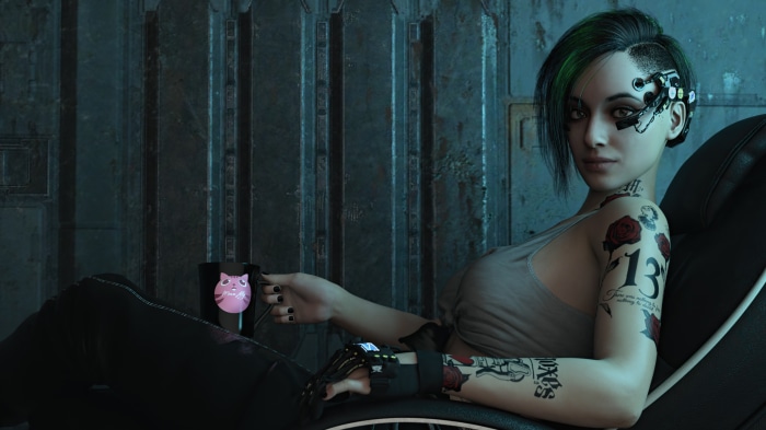 Female character from Cyberpunk 2077 with tattoos