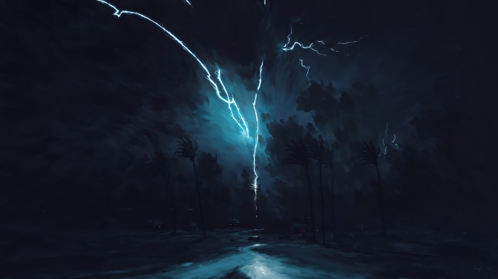 Lightning storm over a dark landscape