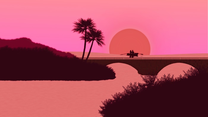 Couple in a boat on a bridge at sunset