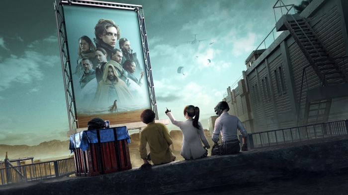PUBG characters watch Dune movie poster with planes and parachutes