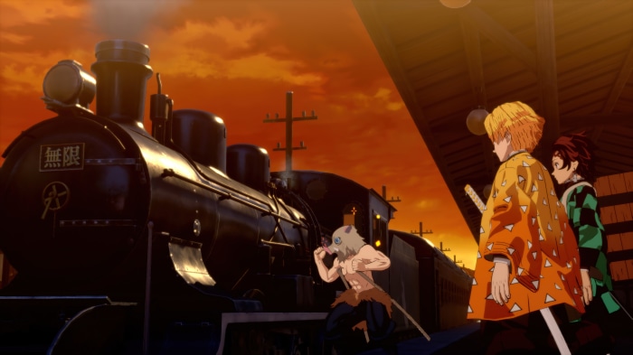 Demon Slayer: Tanjiro, Zenitsu, and Inosuke at a Train Station