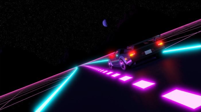 Retro car driving on a neon grid in space